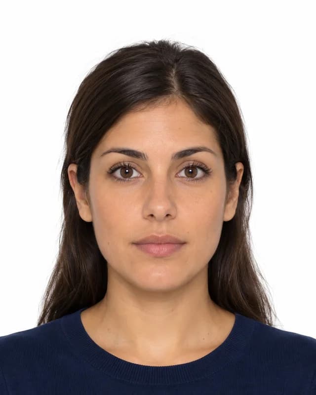 Ejemplo del acabado: la misma persona con fondo blanco uniforme y encuadre de foto carnet
